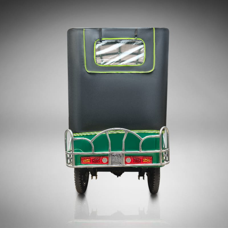 Full rear profile of Borak auto rickshaw with canopy
