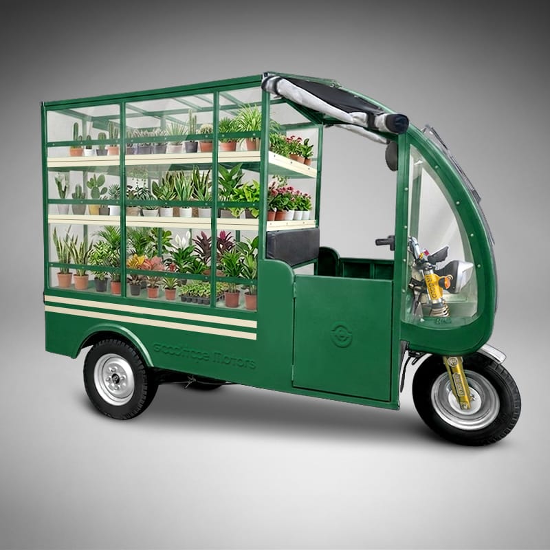 Green House Auto Rickshaw mobile nursery vehicle displaying flower plants and ornamental plants by GoodHope Motors Bangladesh